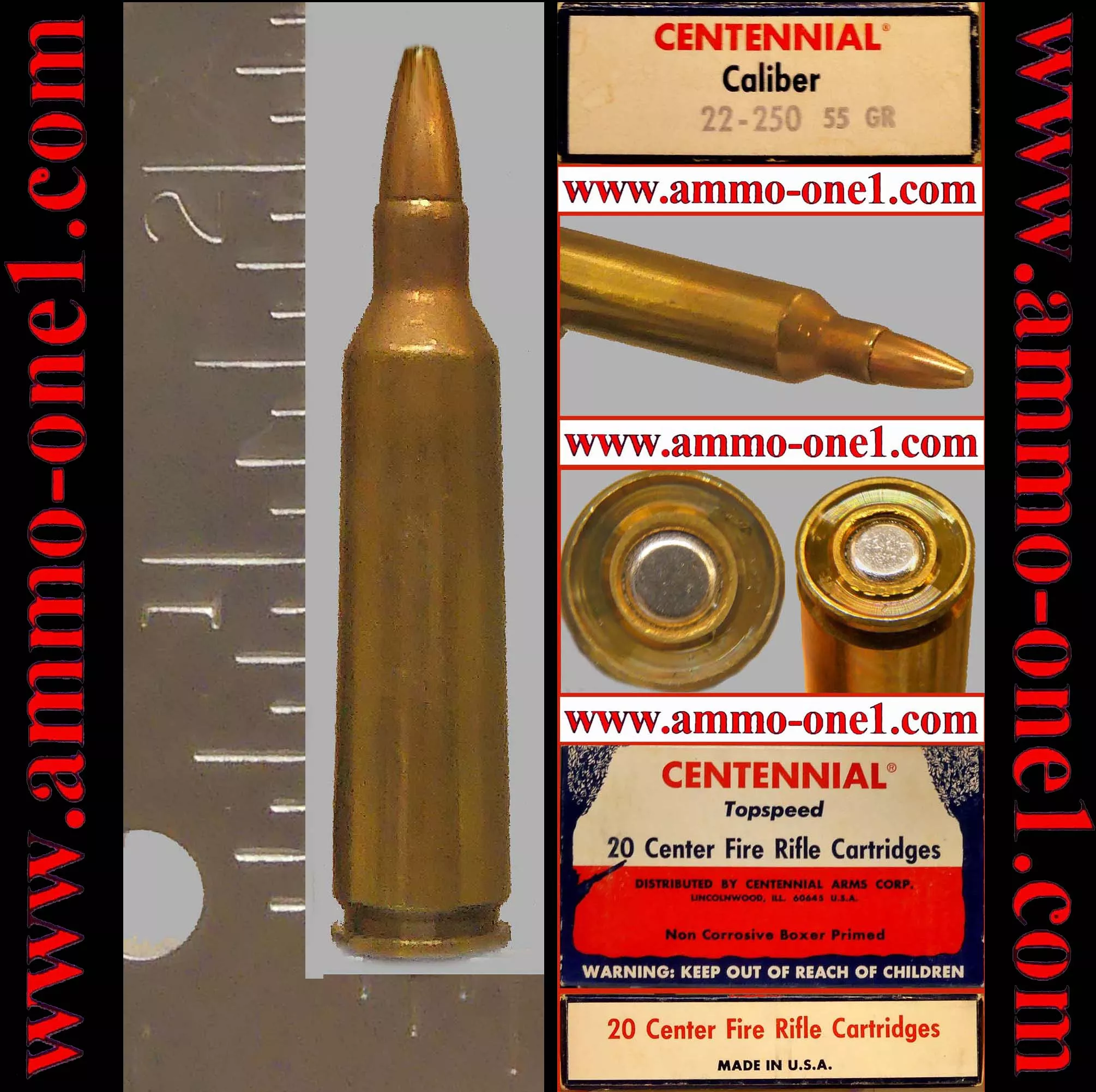 .22-250 Remington by Centennial Arms Corp., Unusual Recessed Head with Raised Primer Pocket, J.S.P., *Nice Patina*, One Cartridge, not a Box. – Ammo-One1
