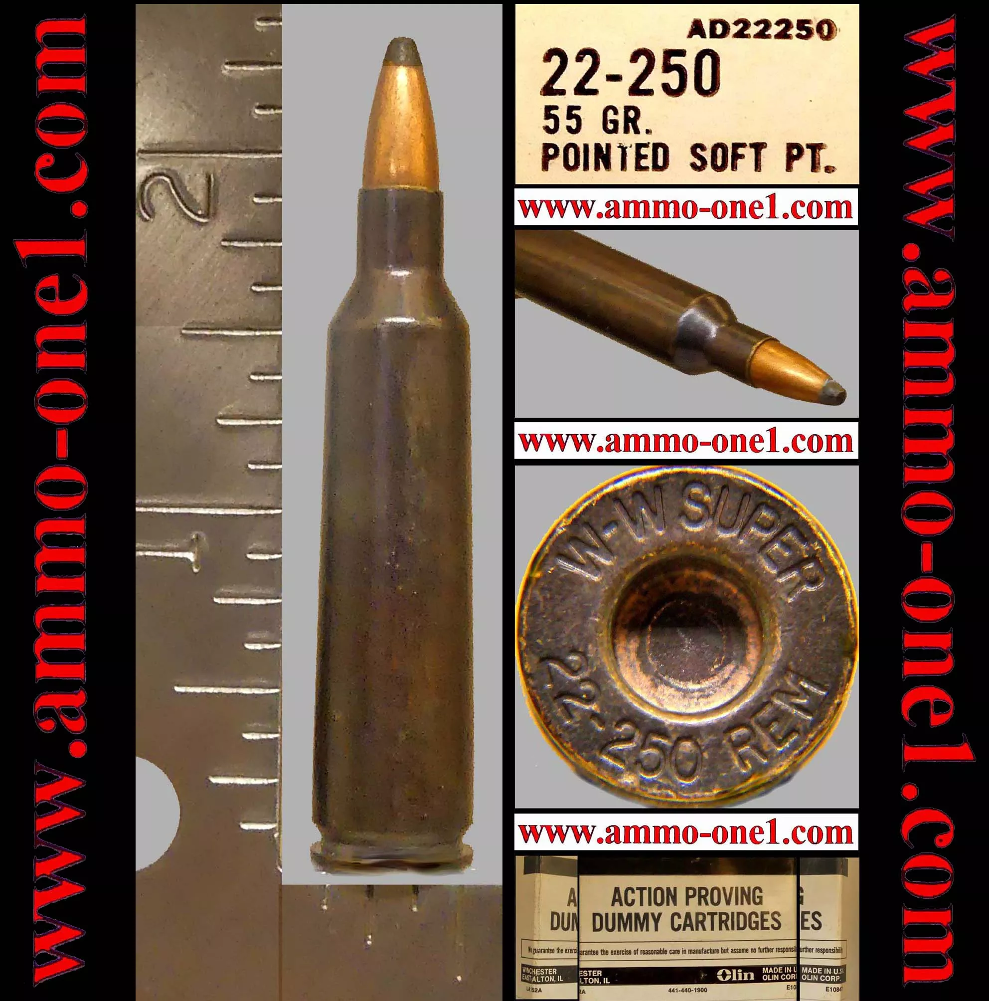 .22-250 Remington by Winchester, “FACTORY DUMMY”, “W-W SUPER” H/S., JSP, *Excellent*, One Cartridge, not a Box. – Ammo-One1