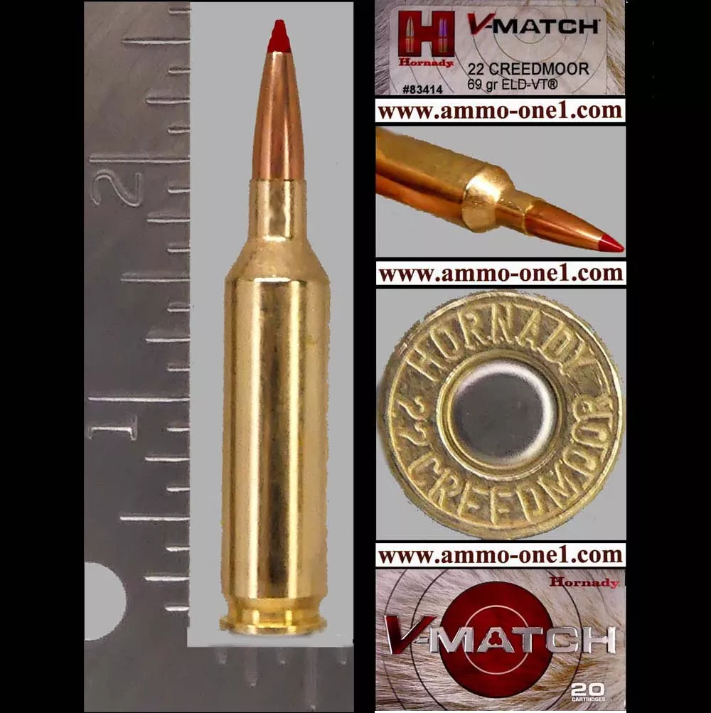 .22 Creedmoor by Hornady (with 69gr ELD-VT Bullet) One Cartridge not a Box! Box in Picture is for reference only. – Ammo-One1
