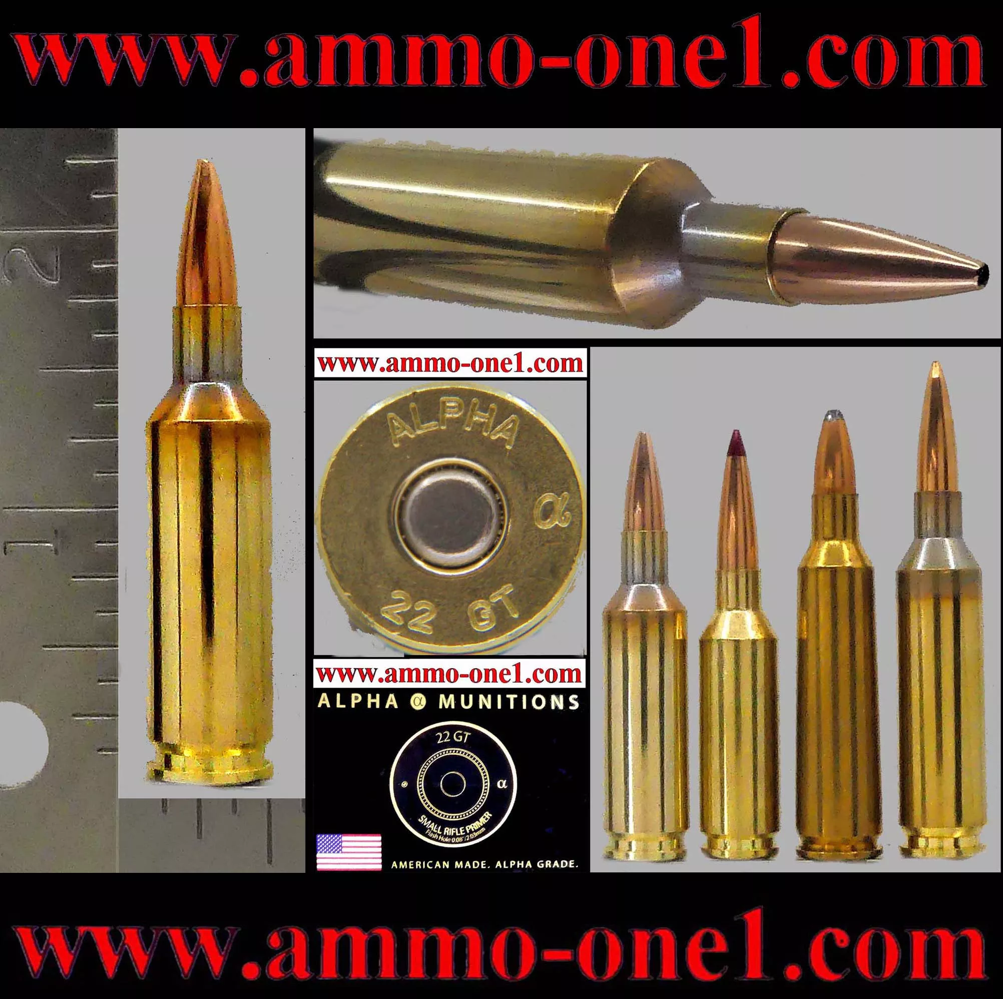 .22 GT (Correct H/S) loaded with BTHP bullet and brass by Alpha Munitions Co., Currently a Wildcat or Proprietary, One Cartridge a Box. – Ammo-One1