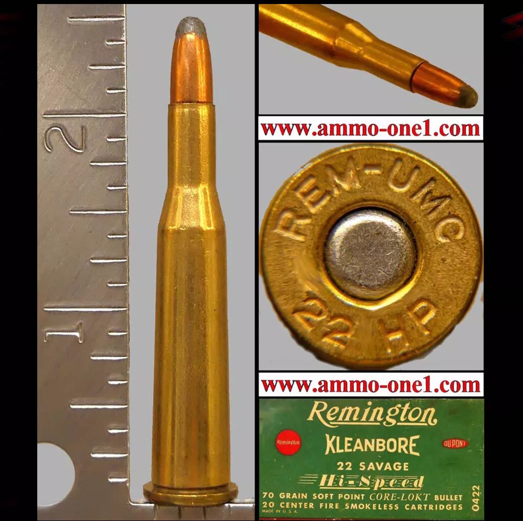 .22 Savage High Power by Remington, Per-1944, Late “REM-UMC” H/S, with large rifle primer, JSP, One Cartridge not a box. – Ammo-One1