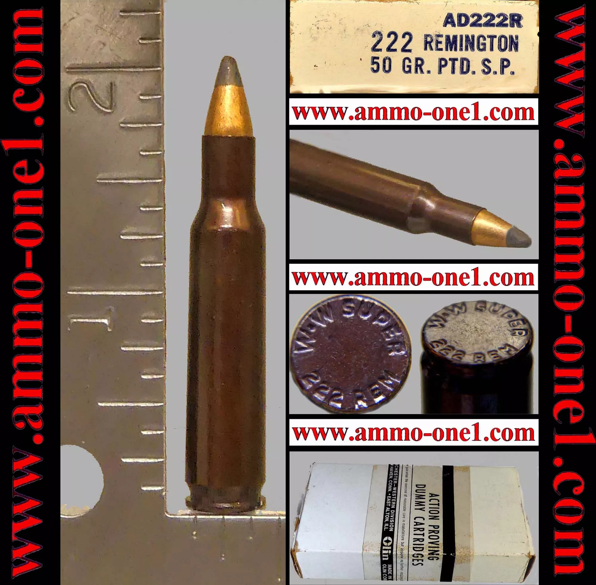 .222 Remington, Factory “DUMMY” by Winchester, Dyed Brown Case,”JSP”, No Primer Pocket! “W-W SUPER” H/S,One Cartridge not a Box! – Ammo-One1