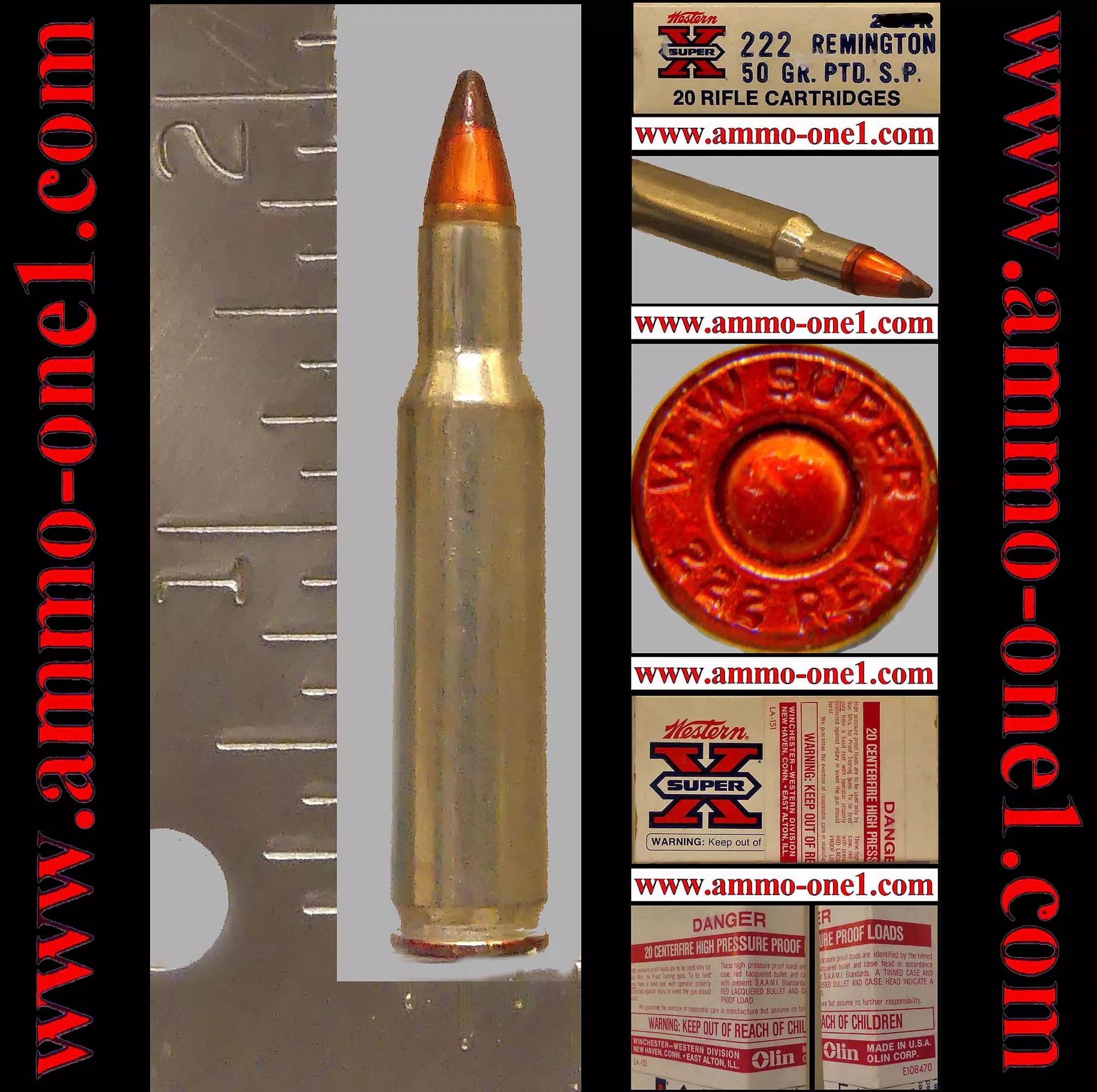 .222 Remington, Factory “PROOF” by Western/Olin, DYED “JSP”, DYED “W-W SUPER” H/S, *WARNING*, One Cartridge not a Box! – Ammo-One1