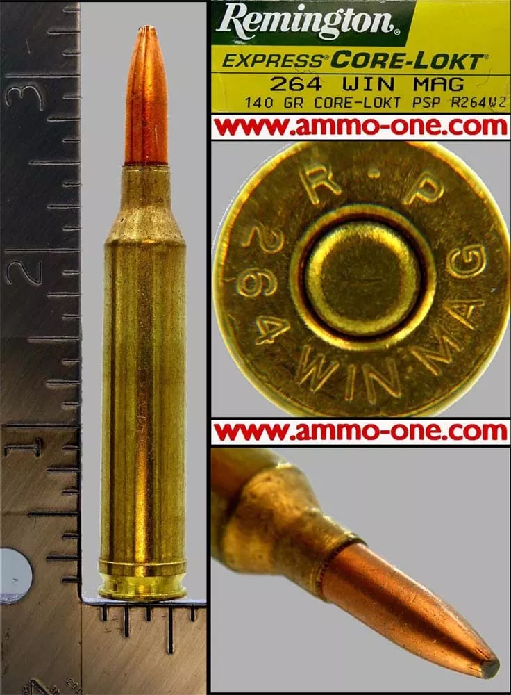 .264 Winchester Mag. by Remington, One Cartridge, not a Box. Mint Condition, some Patina. – Ammo-One1