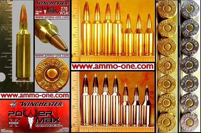 .270 WSM by Winchester, “Brass Case”, “Power Max Bonded” JHP, Patina* see page, One Cartridge not a Box! – Ammo-One1