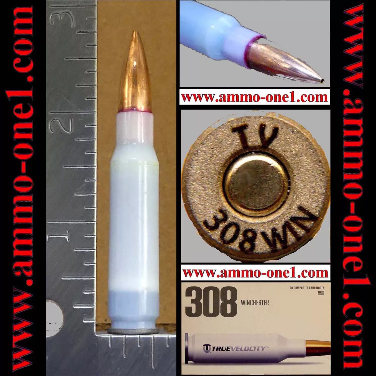 .308 Winchester by True Velocity “White Composite”, “TV” H/S, J.H.P. Bullet, One Cartridge not a Box! *No writing on case, as shown on the box* – Ammo-One1