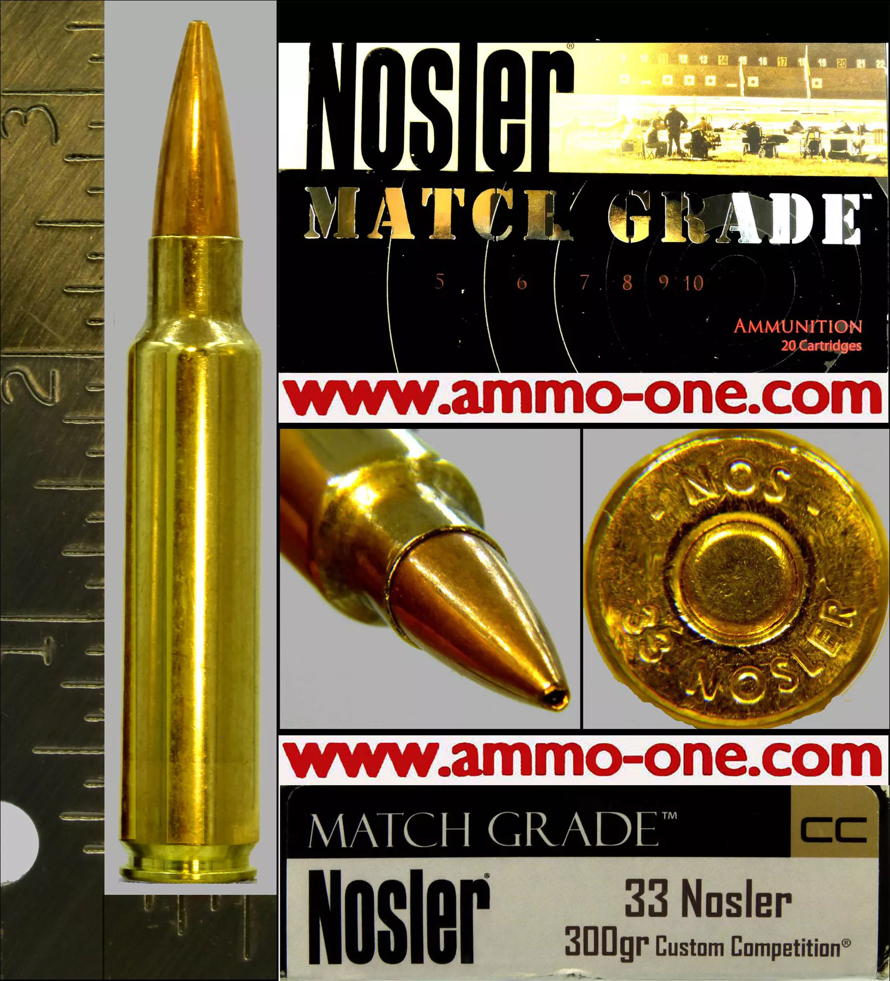 .33 Nosler by Nosler, J.H.P. -B.T.*, Long Range, One Cartridge not a Box! New Bright! not Junk! – Ammo-One1
