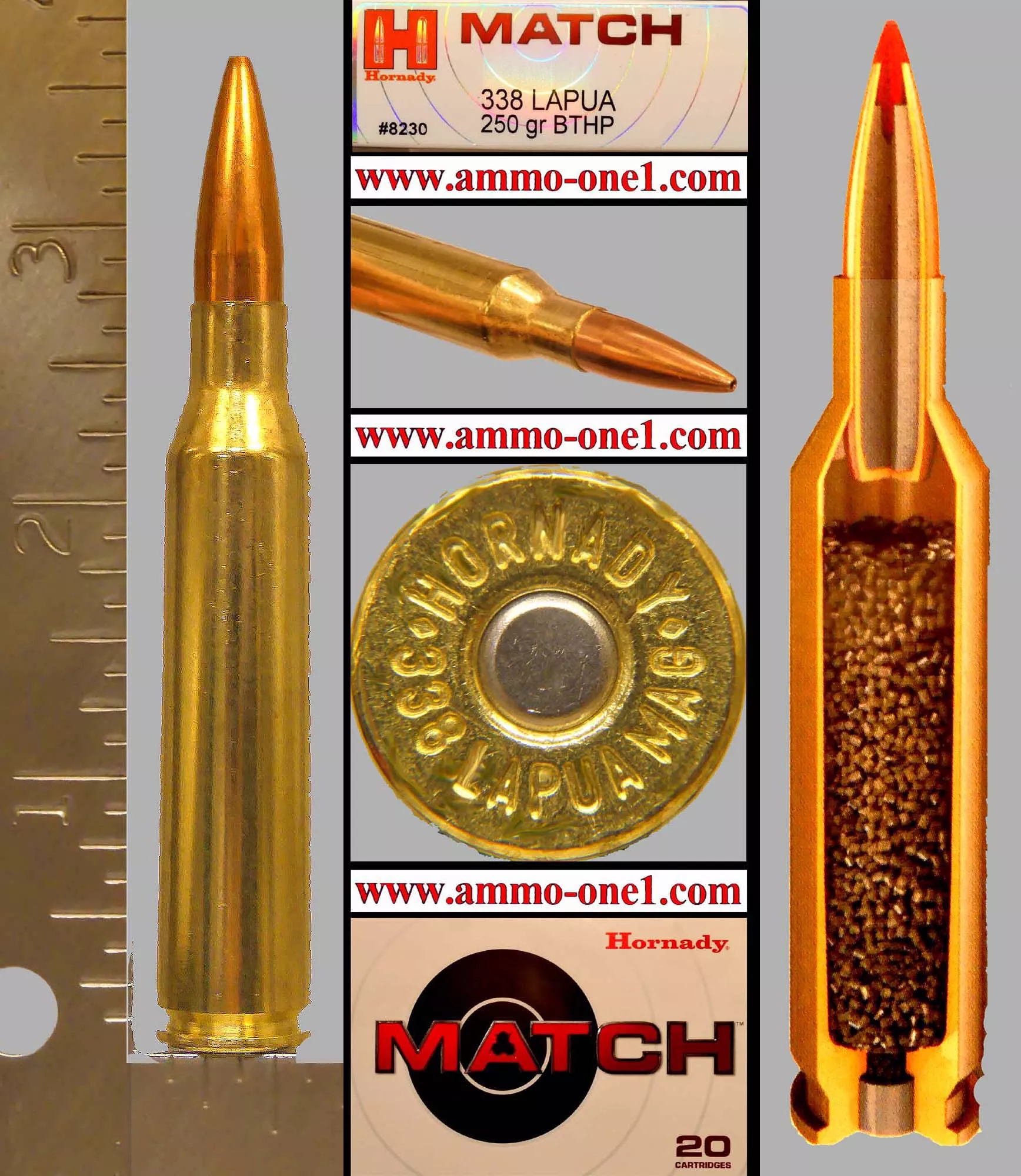 .338 Lapua by Hornady USA, 300 gr. Match Grade *BTJHP, One “LIVE” Cartridge not a Box! *Not Sectioned*! NEW! BRIGHT! NOT JUNK! – Ammo-One1