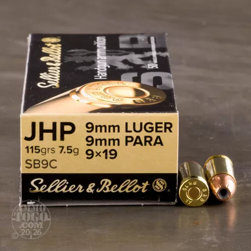 9mm Luger (9x19) Ammo - 50 Rounds of 115 Grain Jacketed Hollow-Point (JHP) by Sellier & Bellot