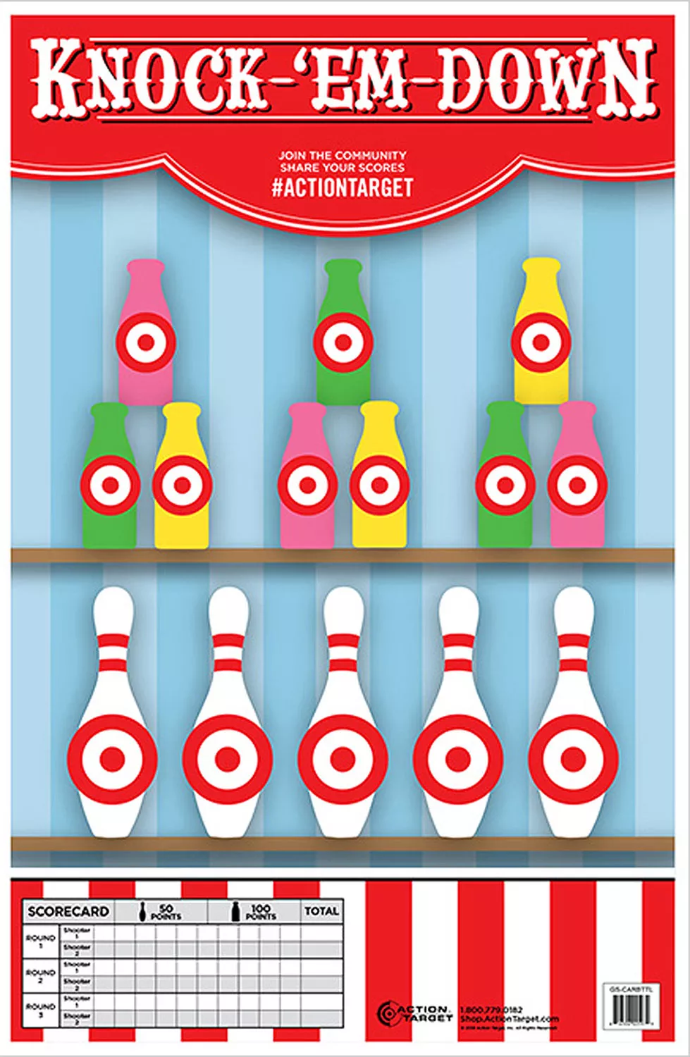 ACTION TARGET INC GS-CARBTTL-100100 Action Knock-‘Em-Down Hanging Paper 23″ x 35″ Bottles/Pins Multi 100 Per Box – White Birch Armory