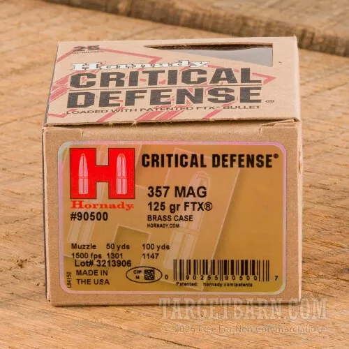 Hornady Critical Defense 357 Magnum 125 Grain FTX HP – 25 Rounds
